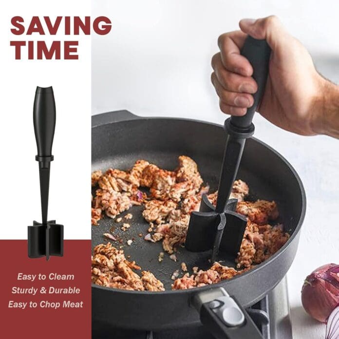 A hand using a black meat chopper tool to break up ground meat in a nonstick frying pan on a stovetop. The tool features a sturdy handle and a four-blade design for efficient chopping. The image highlights ease of cleaning, durability, and time-saving features.