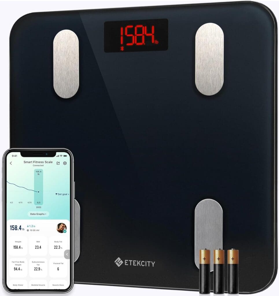 Etekcity smart fitness scale displaying a weight of 158.4 lb, shown with a smartphone app interface tracking body metrics like BMI and body fat, alongside three AAA batteries.