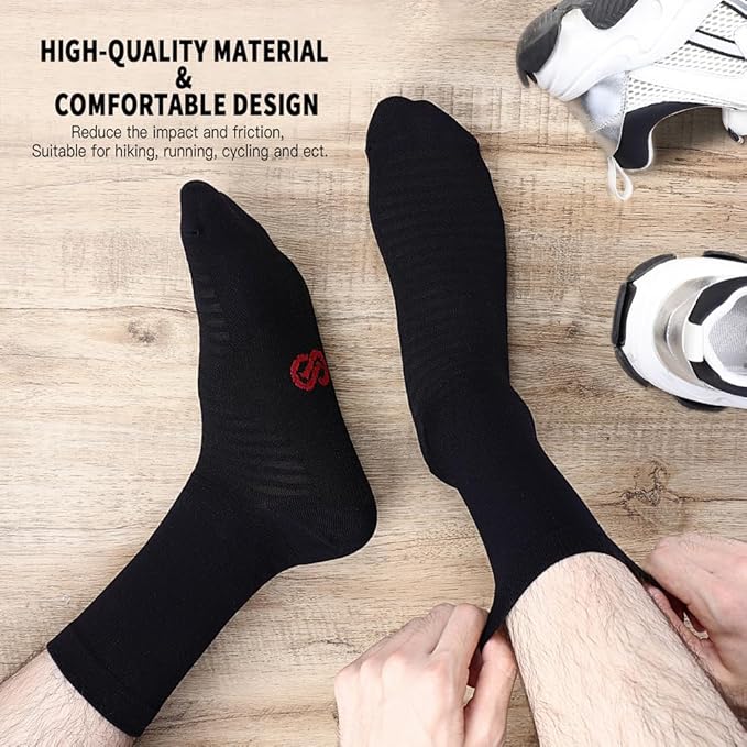 Person wearing black compression athletic crew socks while sitting on a wooden floor, with running shoes nearby. The socks feature a red logo and are advertised as high-quality, comfortable, and suitable for sports activities like hiking, running, and cycling.